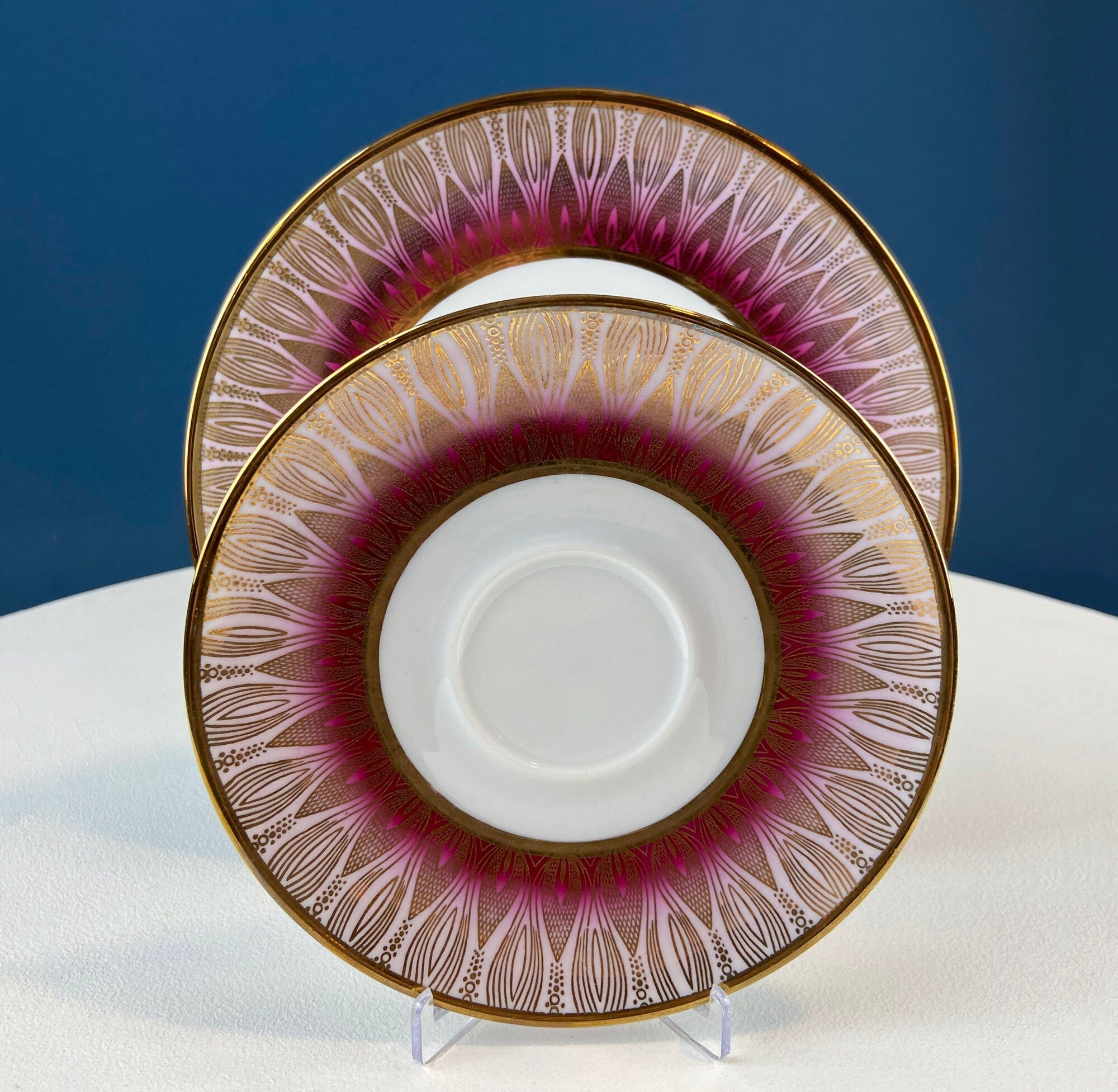 Antique Bavarian Porcelain Tea Trio. Winterling Roslaw. Cup, Saucer, and Dessert Plate in Gold and Pink. Modern Lotus Pattern.