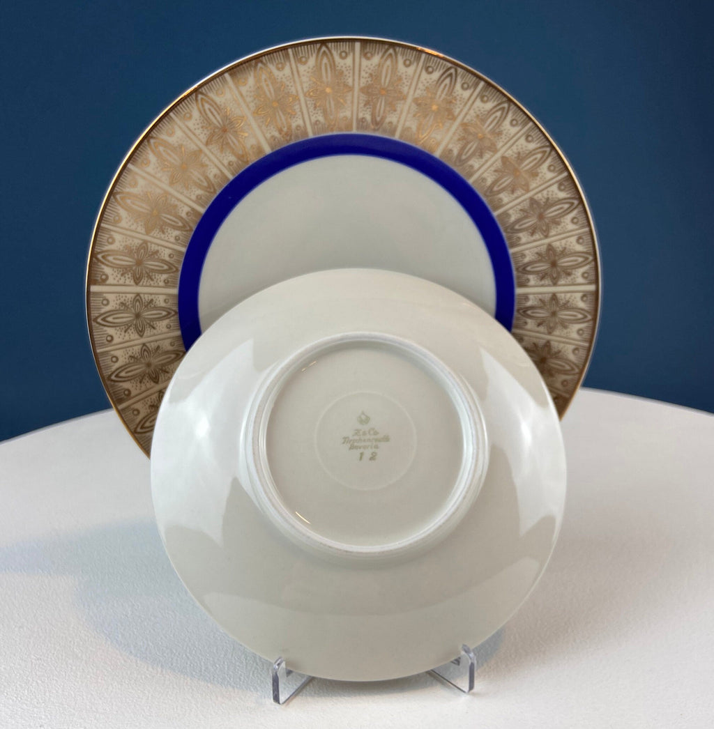 Antique Bavarian Porcelain Tea Trio. Z and Co, Tirschenreuther. Cup, Saucer, and Dessert Plate in Rich Gold and Blue. Modern Floral Pattern.