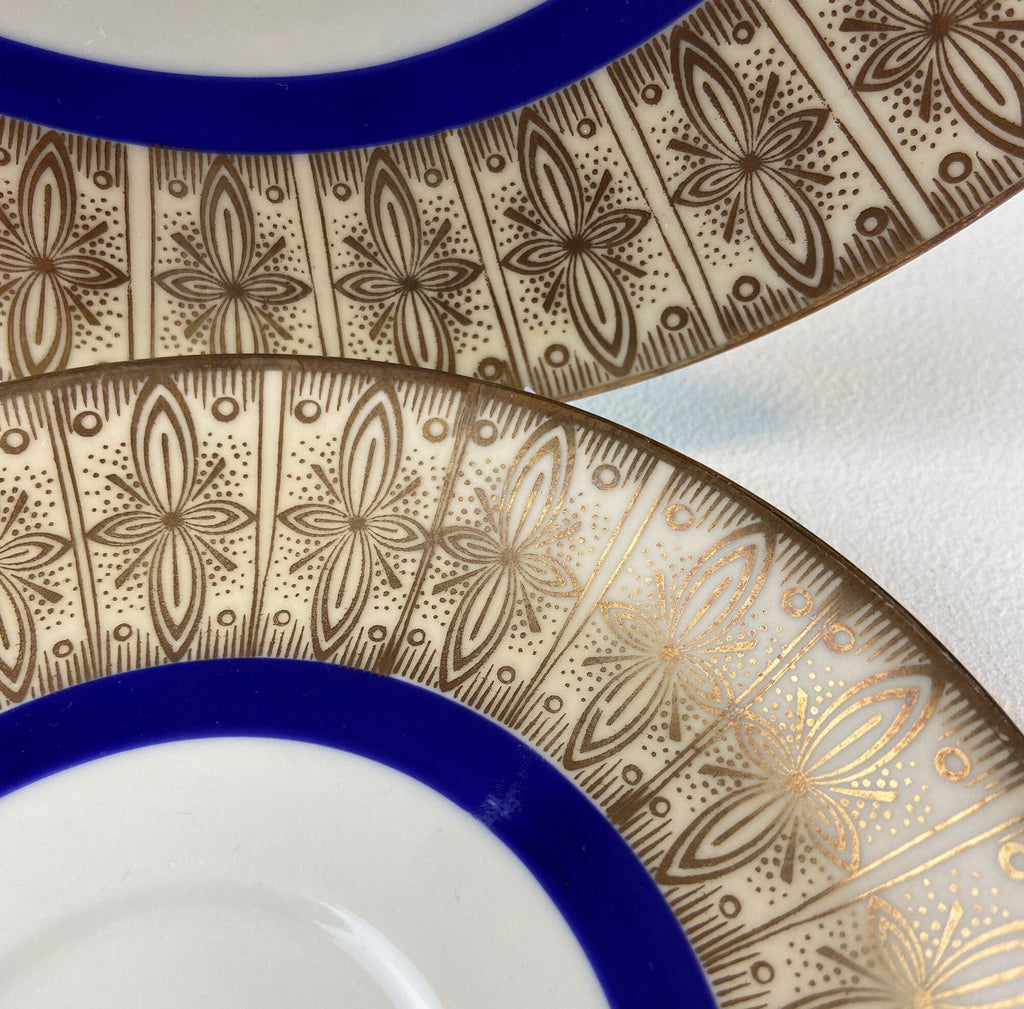 Antique Bavarian Porcelain Tea Trio. Z and Co, Tirschenreuther. Cup, Saucer, and Dessert Plate in Rich Gold and Blue. Modern Floral Pattern.