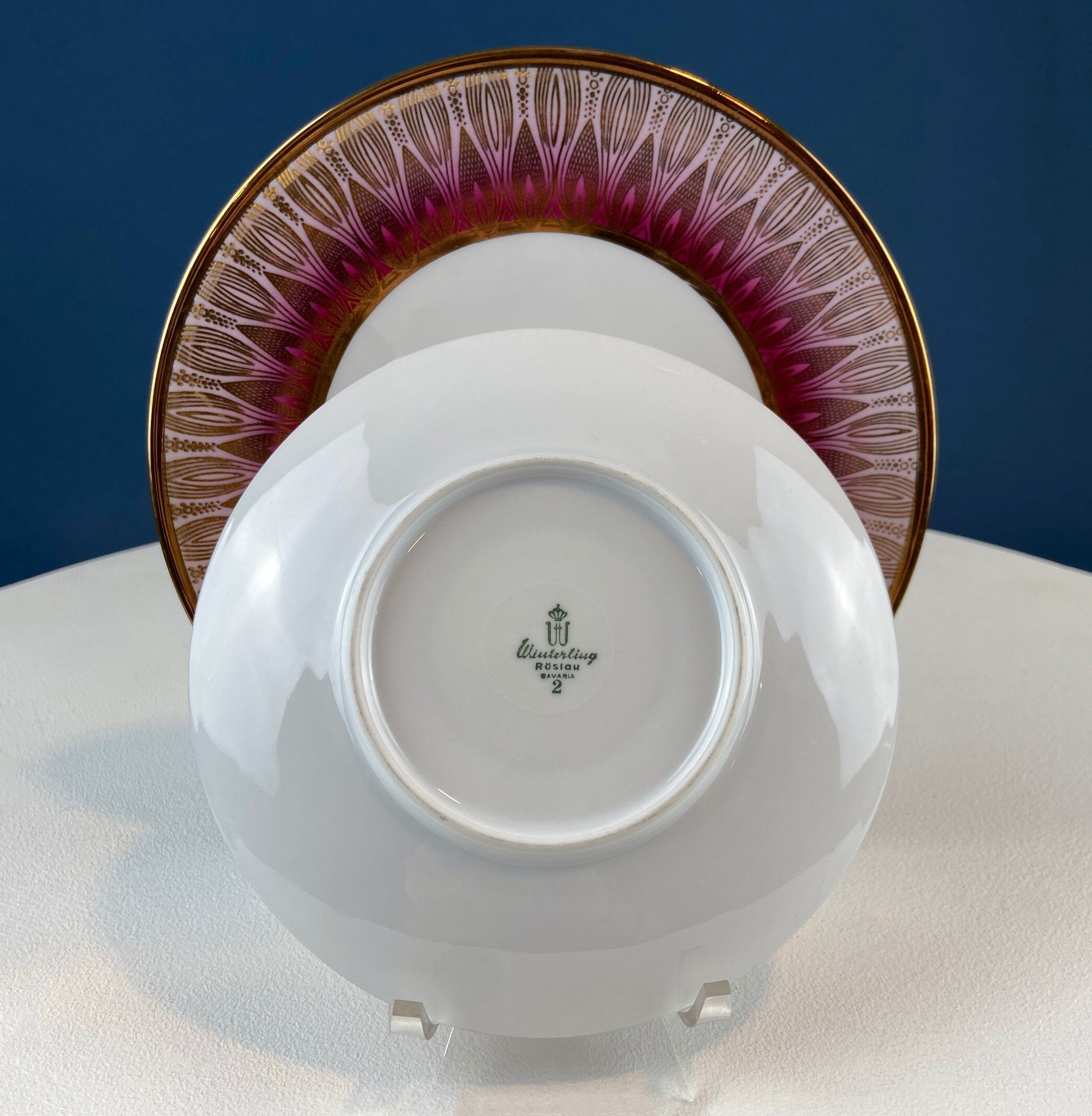 Antique Bavarian Porcelain Tea Trio. Winterling Roslaw. Cup, Saucer, and Dessert Plate in Gold and Pink. Modern Lotus Pattern.