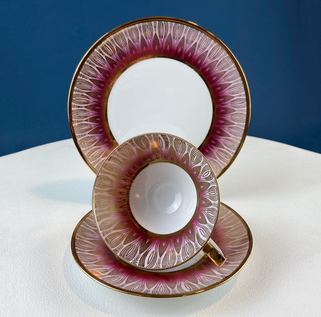 Antique Bavarian Porcelain Tea Trio. Z and Co, Tirschenreuther. Cup, Saucer, and Dessert Plate in Rich Gold and Blue. Modern Floral Pattern.