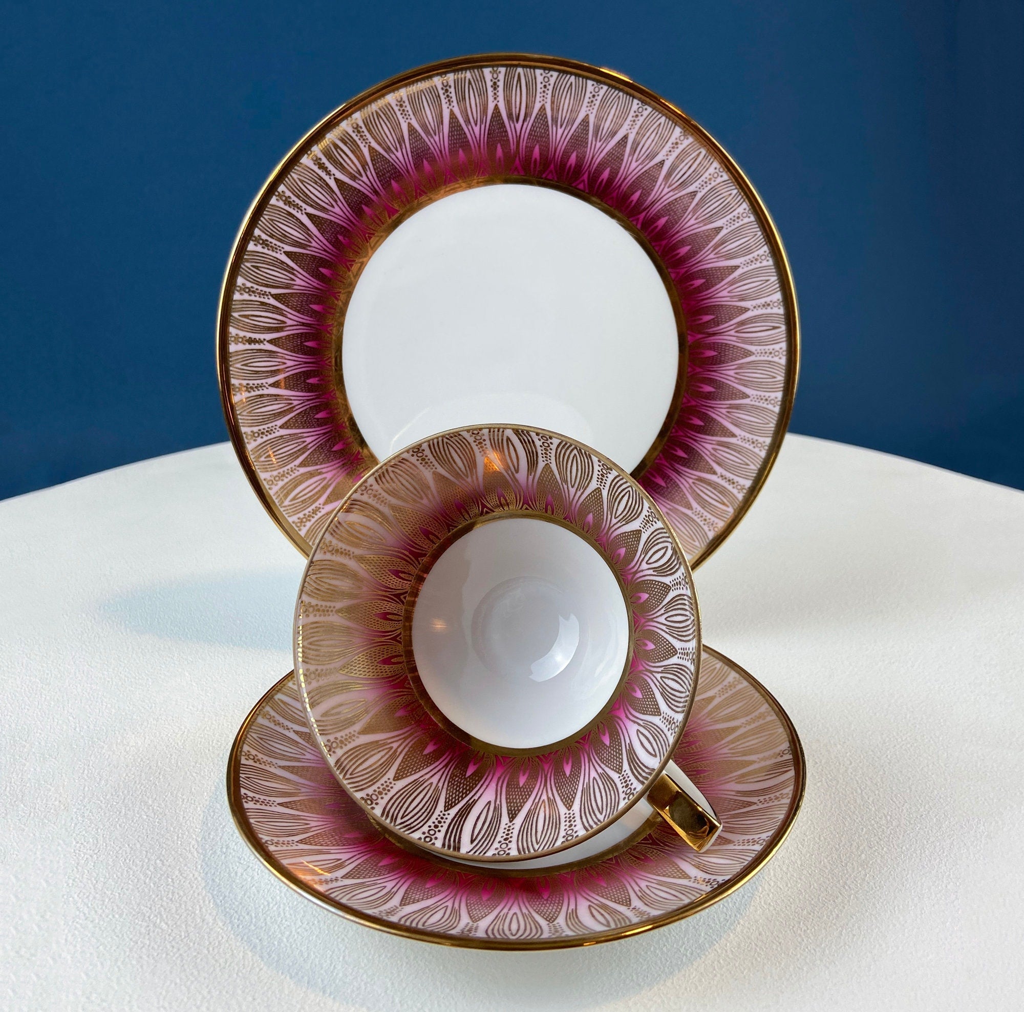 Antique Bavarian Porcelain Tea Trio. Z and Co, Tirschenreuther. Cup, Saucer, and Dessert Plate in Rich Gold and Blue. Modern Floral Pattern.