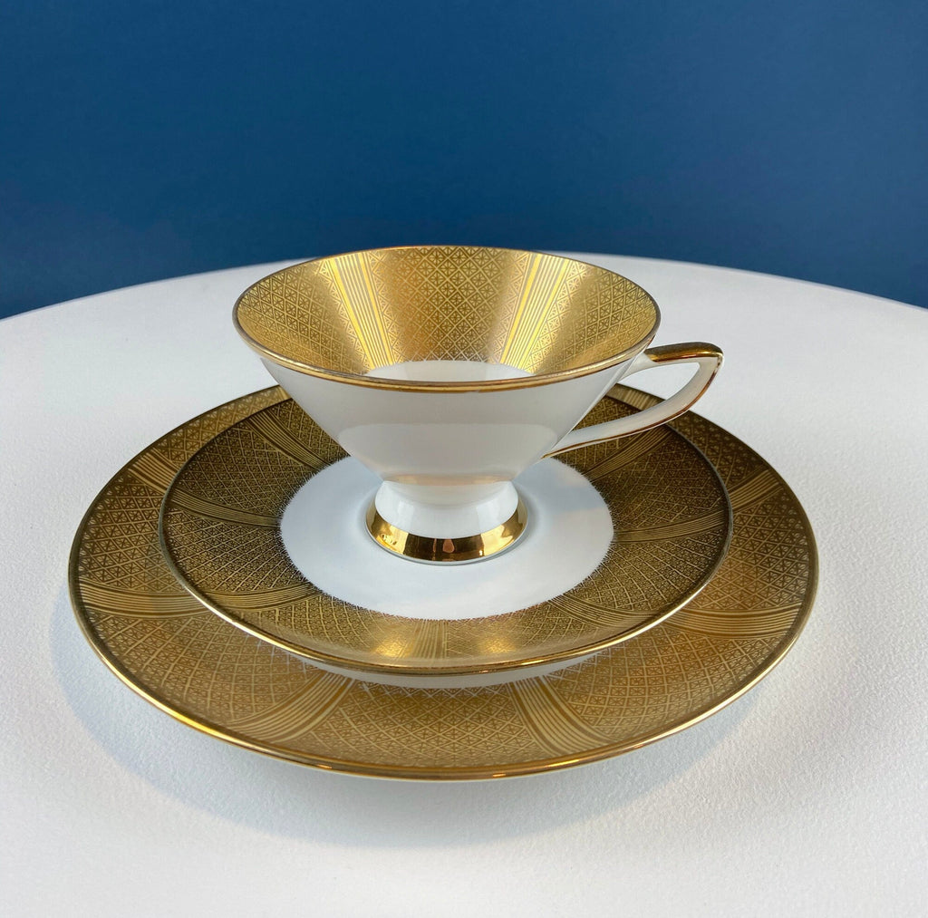 Antique Bavarian Porcelain Tea Set: Gold Geometrical Trio