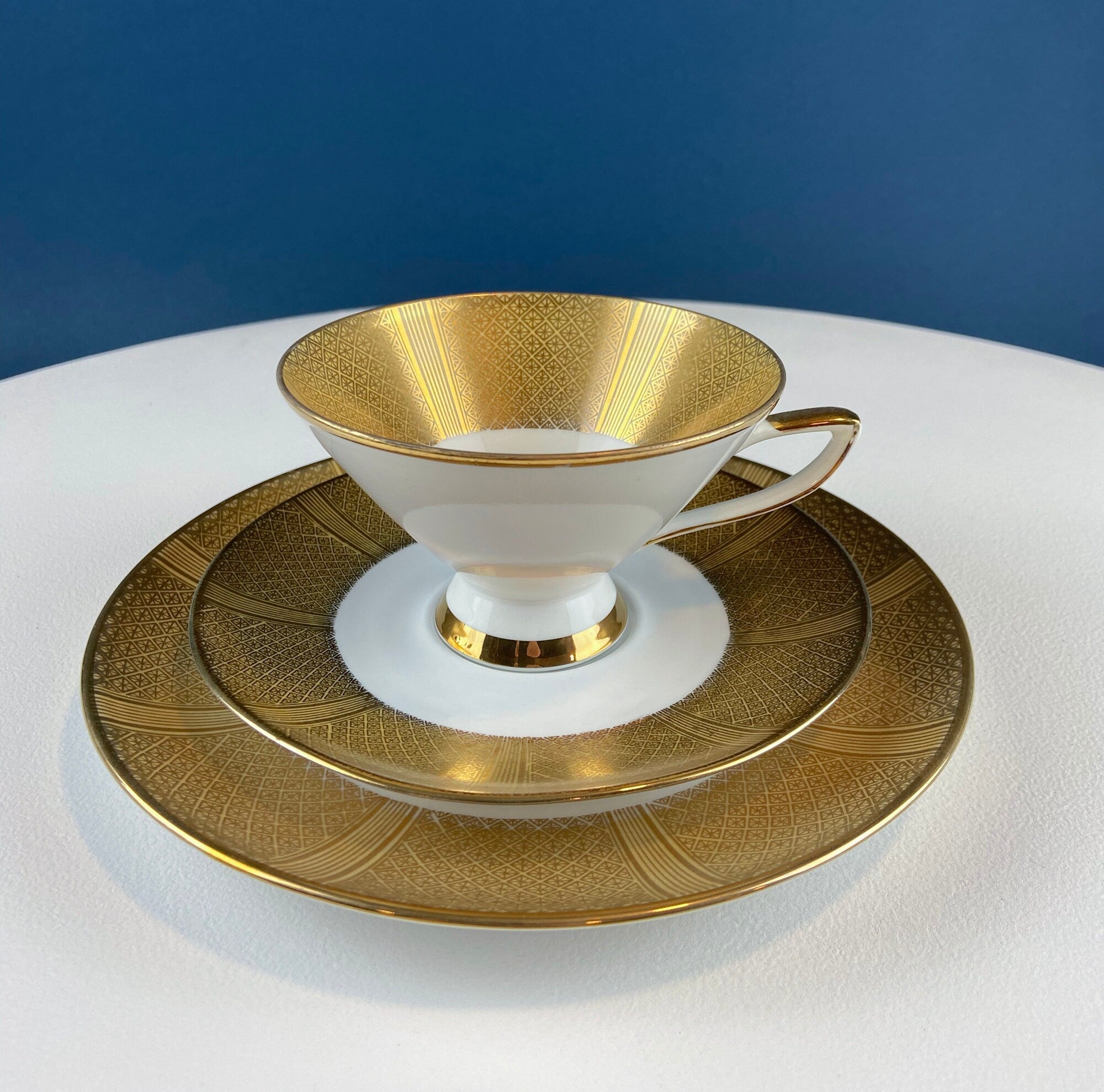 Antique Bavarian Porcelain Tea Set: Gold Geometrical Trio