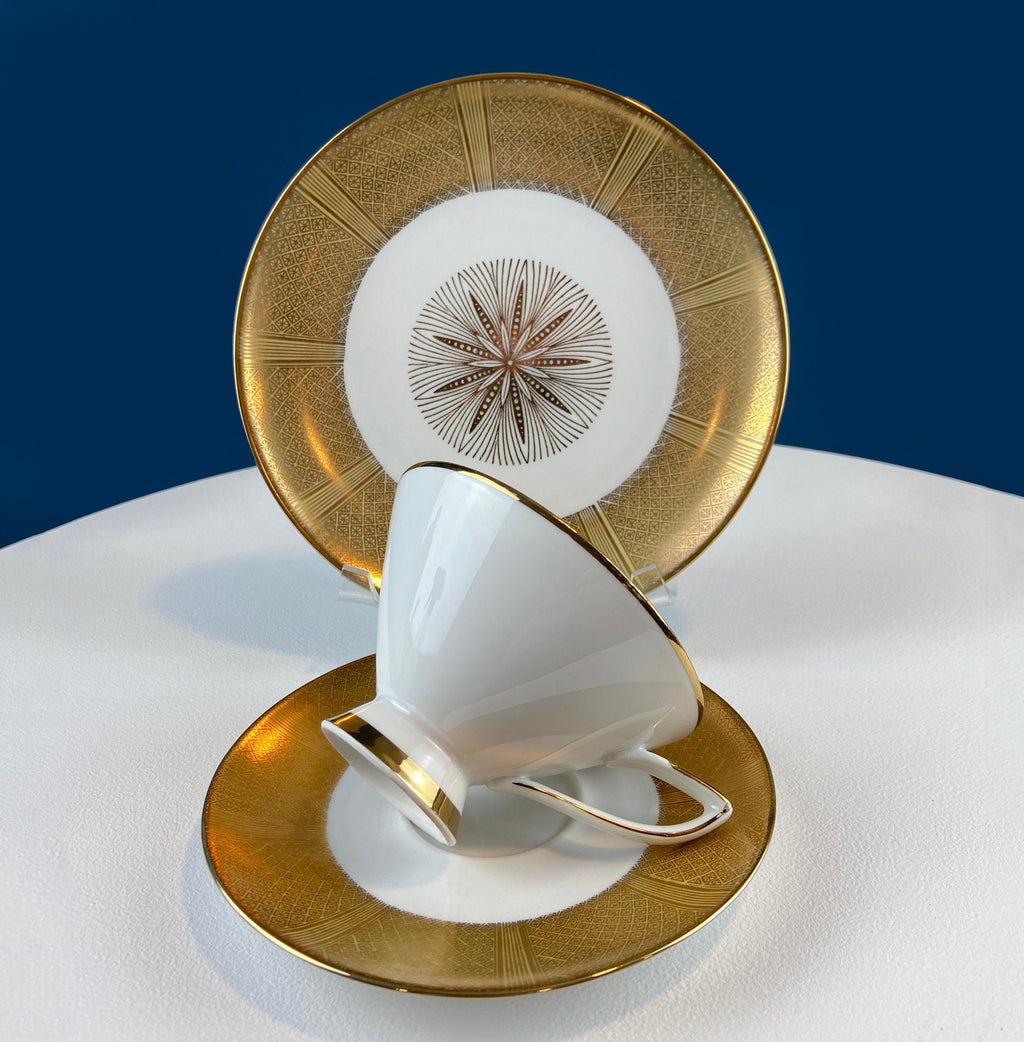 Antique Bavarian Porcelain Tea Set: Gold Geometrical Trio