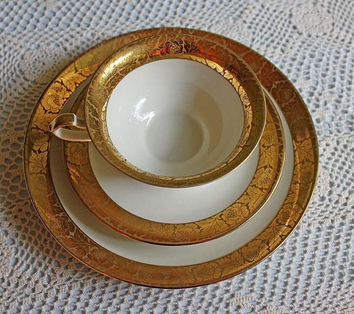 Antique Bavarian Porcelain Tea Trio. Winterling Roslaw. Cup, Saucer, and Dessert Plate in Gold and Pink. Modern Lotus Pattern.